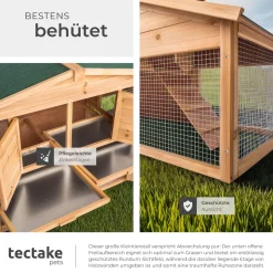 tectake® Kleintierstall, aus Holz, 4 Türen, Ruhezone und Freilaufbereich, inklusive ausziehbarer Schublade, 226 x 77 x 95,5 cm