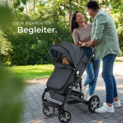 tectake® Kombi-Kinderwagen, 2 in 1, klappbar, mit 5-Punkt-Gurt, Bremse, Schutzbügel und Handschlaufe, pulverbeschichteter Aluminiumrahmen, pflegeleichter Stoffbezug, für 0 bis 36 Monate geeignet, Belastbarkeit 15 kg