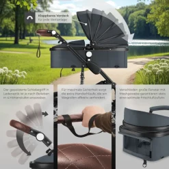 tectake® Kombi-Kinderwagen, 2 in 1, klappbar, mit 5-Punkt-Gurt, Bremse, Schutzbügel und Handschlaufe, pulverbeschichteter Aluminiumrahmen, pflegeleichter Stoffbezug, für 0 bis 36 Monate geeignet, Belastbarkeit 15 kg