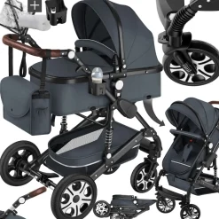 tectake® Kombi-Kinderwagen, 2 in 1, klappbar, mit 5-Punkt-Gurt, Bremse, Schutzbügel und Handschlaufe, pulverbeschichteter Aluminiumrahmen, pflegeleichter Stoffbezug, für 0 bis 36 Monate geeignet, Belastbarkeit 15 kg