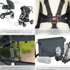 tectake® Kombi-Kinderwagen, 2 in 1, klappbar, mit 5-Punkt-Gurt, Bremse, Schutzbügel und Handschlaufe, pulverbeschichteter Aluminiumrahmen, pflegeleichter Stoffbezug, für 0 bis 36 Monate geeignet, Belastbarkeit 15 kg