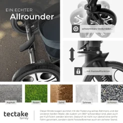 tectake® Kombi-Kinderwagen, 2 in 1, klappbar, mit 5-Punkt-Gurt, Bremse, Schutzbügel und Handschlaufe, pulverbeschichteter Aluminiumrahmen, pflegeleichter Stoffbezug, für 0 bis 36 Monate geeignet, Belastbarkeit 15 kg