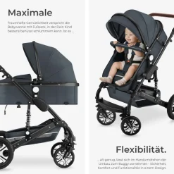 tectake® Kombi-Kinderwagen, 2 in 1, klappbar, mit 5-Punkt-Gurt, Bremse, Schutzbügel und Handschlaufe, pulverbeschichteter Aluminiumrahmen, pflegeleichter Stoffbezug, für 0 bis 36 Monate geeignet, Belastbarkeit 15 kg