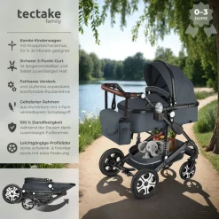 tectake® Kombi-Kinderwagen, 2 in 1, klappbar, mit 5-Punkt-Gurt, Bremse, Schutzbügel und Handschlaufe, pulverbeschichteter Aluminiumrahmen, pflegeleichter Stoffbezug, für 0 bis 36 Monate geeignet, Belastbarkeit 15 kg