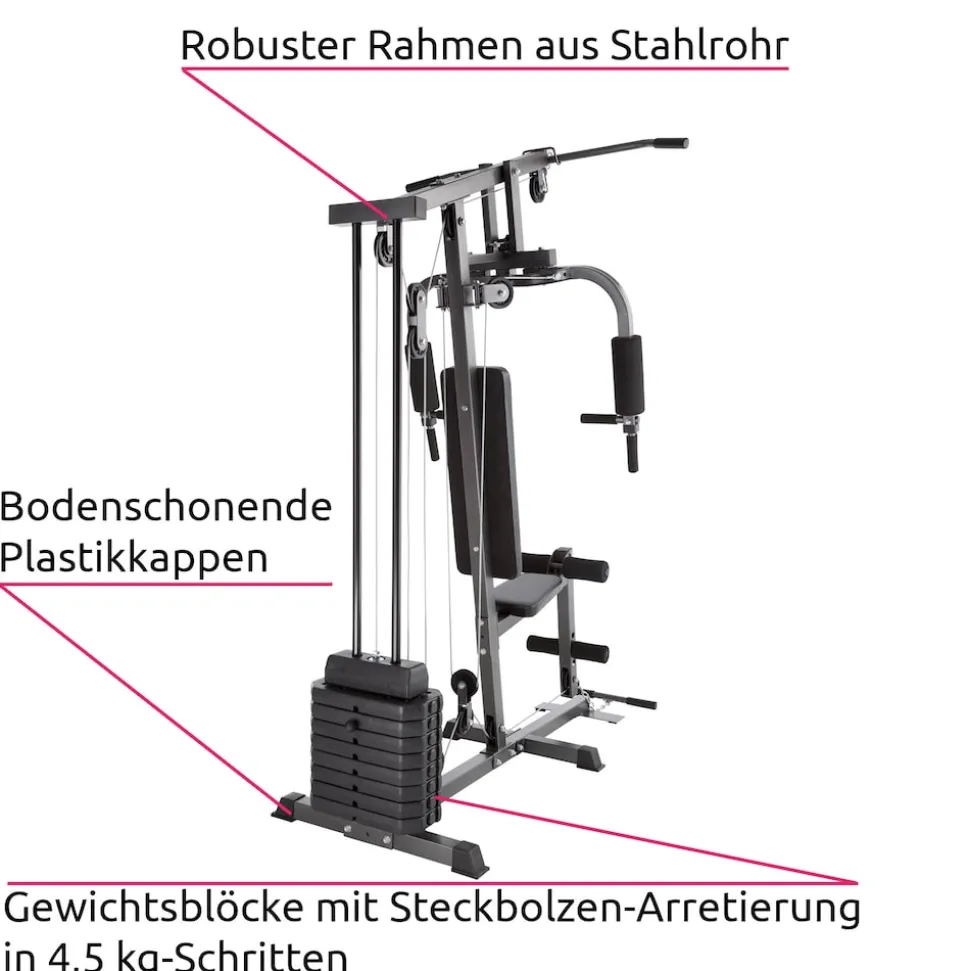 tectake® Kraftstation, mit Butterfly- und Beinstreckermodul, gepolstert mit Kunstlederbezug, 160 x 98 x 203 cm