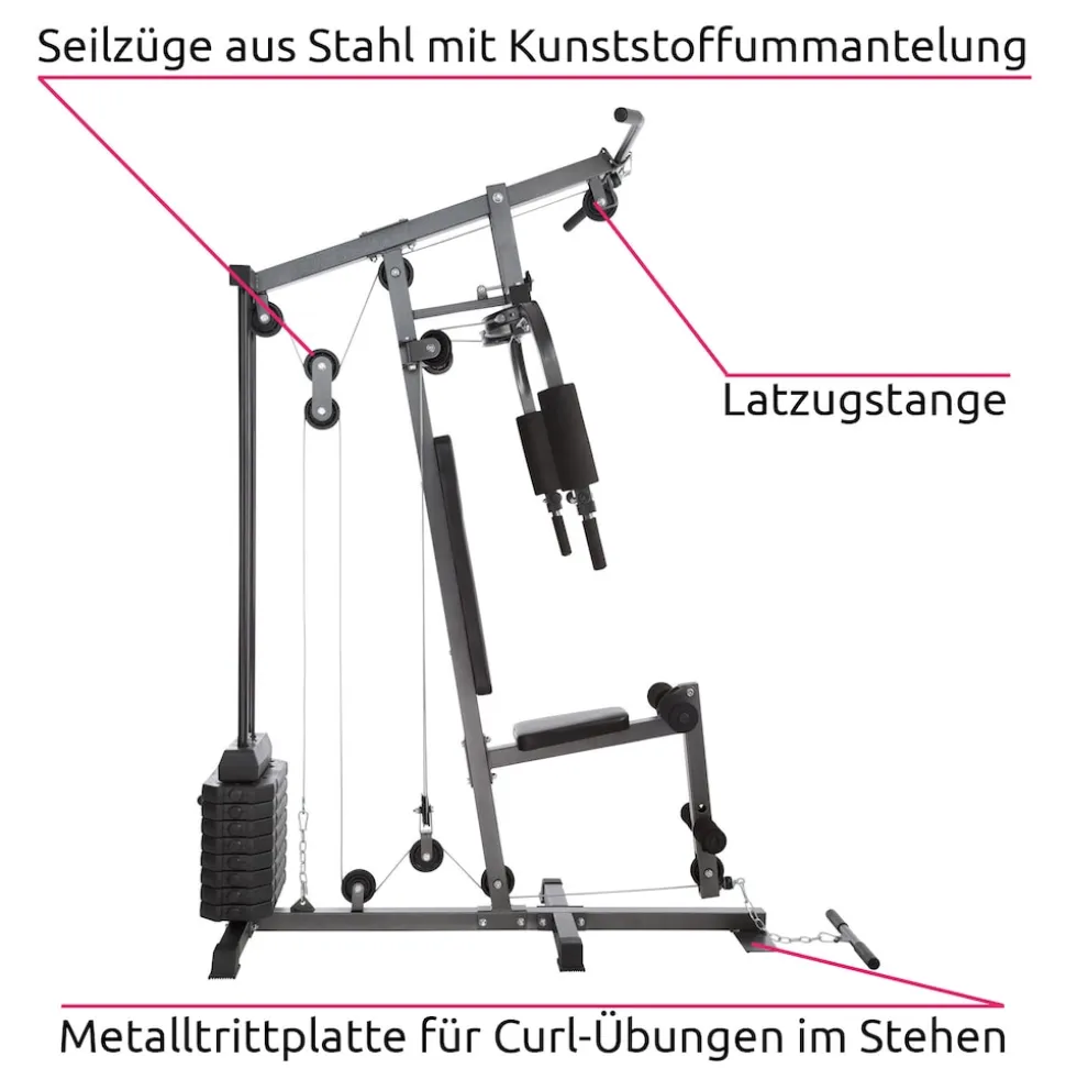 tectake® Kraftstation, mit Butterfly- und Beinstreckermodul, gepolstert mit Kunstlederbezug, 160 x 98 x 203 cm