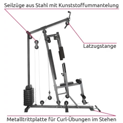 tectake® Kraftstation, mit Butterfly-, Beinstrecker- und höhenverstellbarem Butterflymodul, gepolstert mit Kunstlederbezug, 160 x 98 x 203 cm