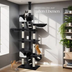 tectake® Kratzbaum, 243 bis 260 cm, mit 2 Katzenhäusern, inklusive 2 Treppen, 2 Spielbällen, Deckenspanner und Kippschutz