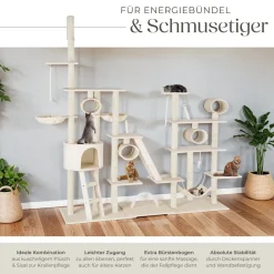 tectake® Kratzbaum, 234 bis 261 cm, mit Katzenhaus, inklusive 2 Treppen, 2 Spielkordeln, Kratzbogen, Deckenspanner und Kippschutz
