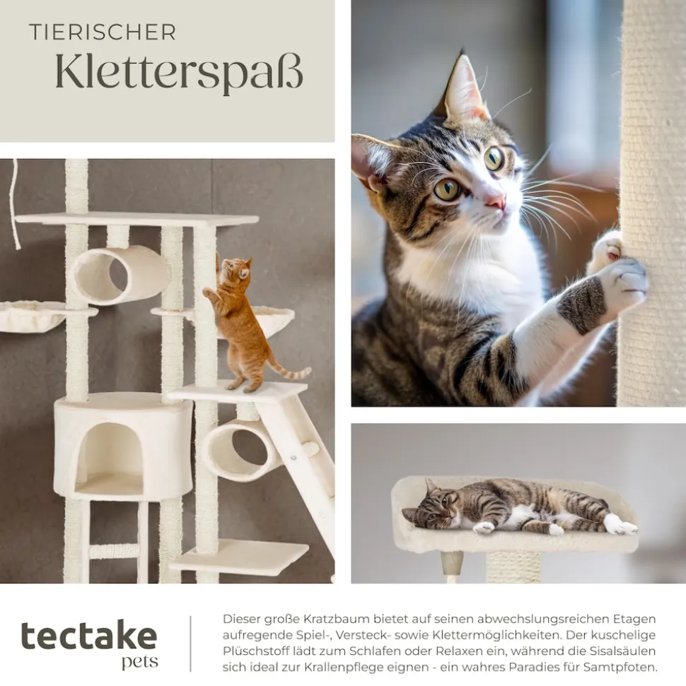 tectake® Kratzbaum, 234 bis 261 cm, mit Katzenhaus, inklusive 2 Treppen, 2 Spielkordeln, Kratzbogen, Deckenspanner und Kippschutz