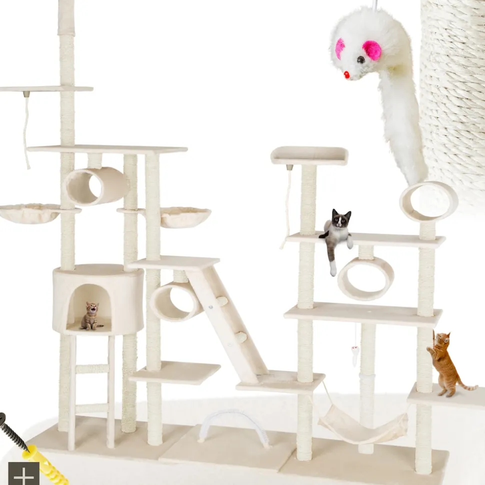 tectake® Kratzbaum, 234 bis 261 cm, mit Katzenhaus, inklusive 2 Treppen, 2 Spielkordeln, Kratzbogen, Deckenspanner und Kippschutz