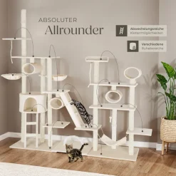 tectake® Kratzbaum, 234 bis 261 cm, mit Katzenhaus, inklusive 2 Treppen, 2 Spielkordeln, Kratzbogen, Deckenspanner und Kippschutz