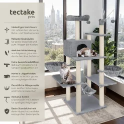 tectake® Kratzbaum, 165 cm, mit Katzenhaus, inklusive 4 Spielbällen, Kordel und Kippschutz