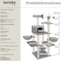 tectake® Kratzbaum, 165 cm, mit Katzenhaus, inklusive 4 Spielbällen, Kordel und Kippschutz