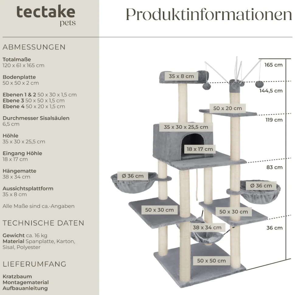 tectake® Kratzbaum, 165 cm, mit Katzenhaus, inklusive 4 Spielbällen, Kordel und Kippschutz