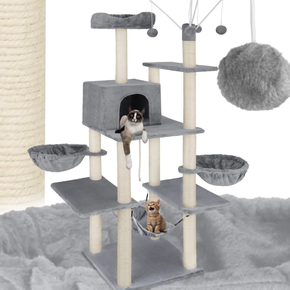 tectake® Kratzbaum, 165 cm, mit Katzenhaus, inklusive 4 Spielbällen, Kordel und Kippschutz