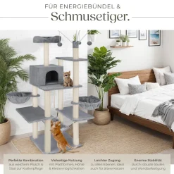tectake® Kratzbaum, 165 cm, mit Katzenhaus, inklusive 4 Spielbällen, Kordel und Kippschutz