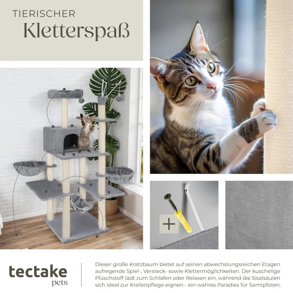 tectake® Kratzbaum, 165 cm, mit Katzenhaus, inklusive 4 Spielbällen, Kordel und Kippschutz