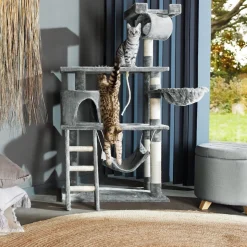 tectake® Kratzbaum, 141 cm, mit Katzenhaus, inklusive Treppe, Spielkordel und Kippschutz