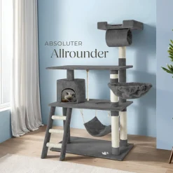 tectake® Kratzbaum, 141 cm, mit Katzenhaus, inklusive Treppe, Spielkordel und Kippschutz