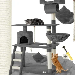 tectake® Kratzbaum, 141 cm, mit Katzenhaus, inklusive Treppe, Spielkordel und Kippschutz