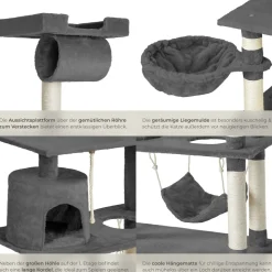 tectake® Kratzbaum, 141 cm, mit Katzenhaus, inklusive Treppe, Spielkordel und Kippschutz