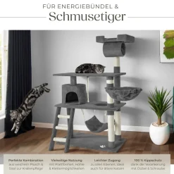 tectake® Kratzbaum, 141 cm, mit Katzenhaus, inklusive Treppe, Spielkordel und Kippschutz