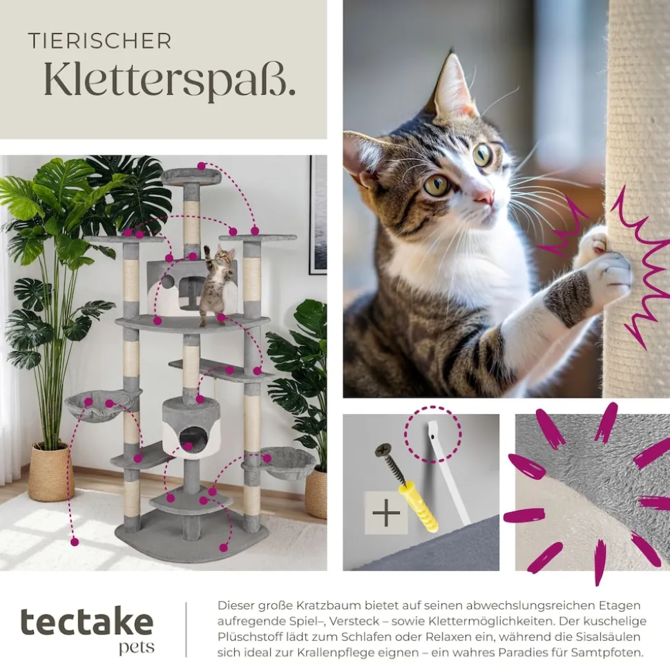 tectake® Kratzbaum, 201 cm, mit 2 Katzenhäusern, inklusive Spielkordel und Kippschutz