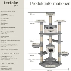 tectake® Kratzbaum, 201 cm, mit 2 Katzenhäusern, inklusive Spielkordel und Kippschutz
