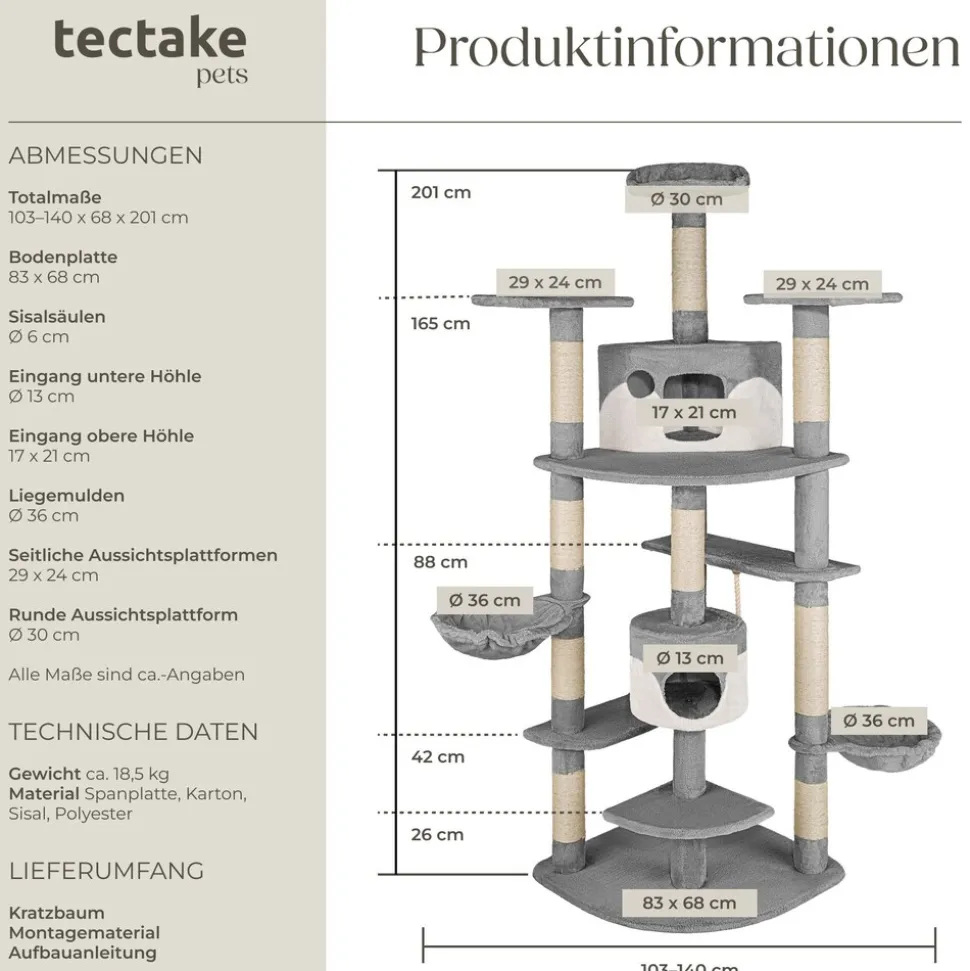 tectake® Kratzbaum, 201 cm, mit 2 Katzenhäusern, inklusive Spielkordel und Kippschutz