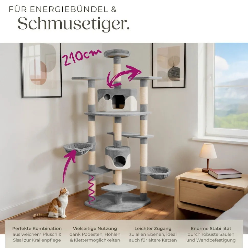tectake® Kratzbaum, 201 cm, mit 2 Katzenhäusern, inklusive Spielkordel und Kippschutz