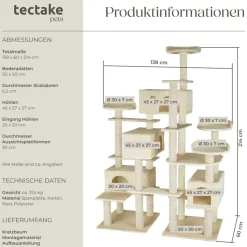 tectake® Kratzbaum, 214 cm, mit 4 Katzenhäusern, inklusive Kippschutz