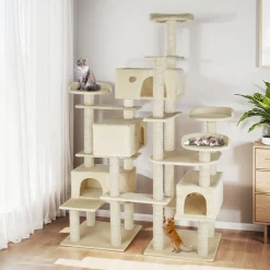 tectake® Kratzbaum, 214 cm, mit 4 Katzenhäusern, inklusive Kippschutz