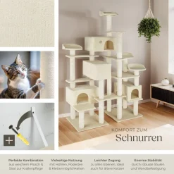 tectake® Kratzbaum, 214 cm, mit 4 Katzenhäusern, inklusive Kippschutz