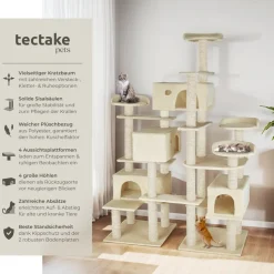 tectake® Kratzbaum, 214 cm, mit 4 Katzenhäusern, inklusive Kippschutz