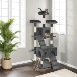 tectake® Kratzbaum, 170 cm, mit 2 Katzenhäusern, inklusive 2 Treppen und Kippschutz