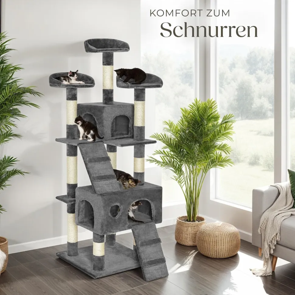 tectake® Kratzbaum, 170 cm, mit 2 Katzenhäusern, inklusive 2 Treppen und Kippschutz