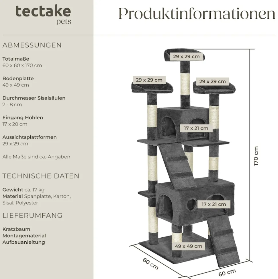 tectake® Kratzbaum, 170 cm, mit 2 Katzenhäusern, inklusive 2 Treppen und Kippschutz