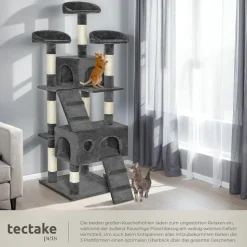 tectake® Kratzbaum, 170 cm, mit 2 Katzenhäusern, inklusive 2 Treppen und Kippschutz