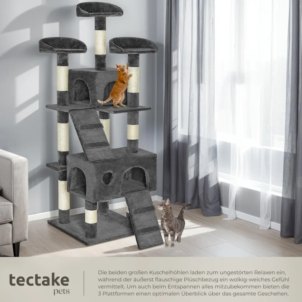 tectake® Kratzbaum, 170 cm, mit 2 Katzenhäusern, inklusive 2 Treppen und Kippschutz