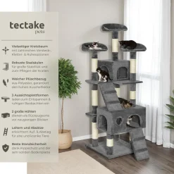 tectake® Kratzbaum, 170 cm, mit 2 Katzenhäusern, inklusive 2 Treppen und Kippschutz