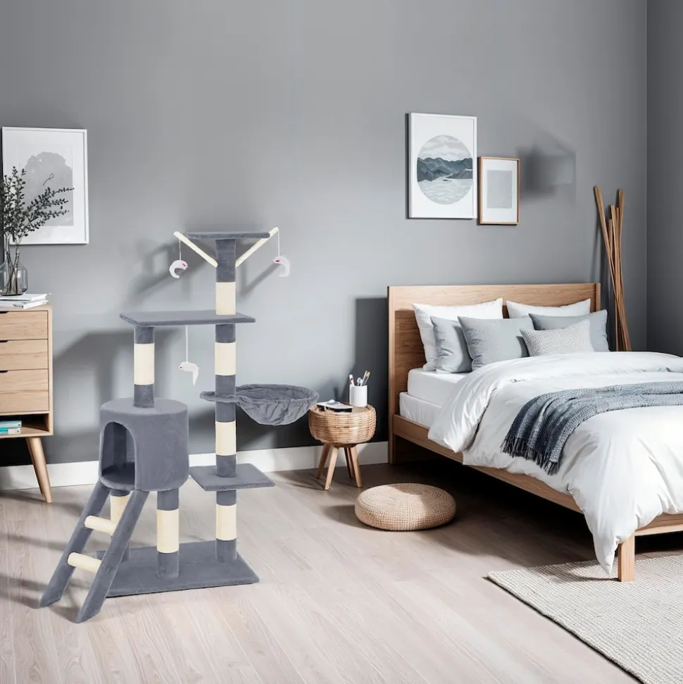 tectake® Kratzbaum, 144 cm, mit Katzenhaus, inklusive Treppe, 3 Spielmäusen und Kippschutz