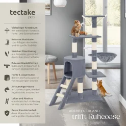 tectake® Kratzbaum, 144 cm, mit Katzenhaus, inklusive Treppe, 3 Spielmäusen und Kippschutz