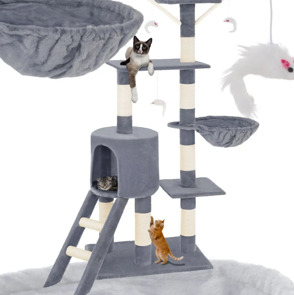 tectake® Kratzbaum, 144 cm, mit Katzenhaus, inklusive Treppe, 3 Spielmäusen und Kippschutz