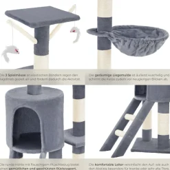 tectake® Kratzbaum, 144 cm, mit Katzenhaus, inklusive Treppe, 3 Spielmäusen und Kippschutz