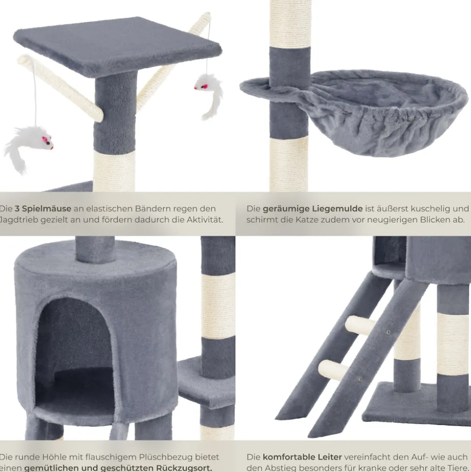 tectake® Kratzbaum, 144 cm, mit Katzenhaus, inklusive Treppe, 3 Spielmäusen und Kippschutz