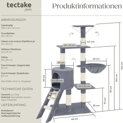 tectake® Kratzbaum, 144 cm, mit Katzenhaus, inklusive Treppe, 3 Spielmäusen und Kippschutz
