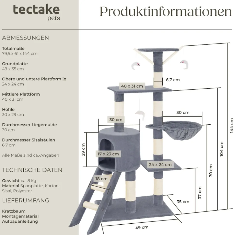 tectake® Kratzbaum, 144 cm, mit Katzenhaus, inklusive Treppe, 3 Spielmäusen und Kippschutz