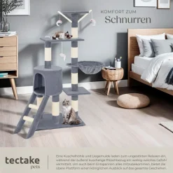 tectake® Kratzbaum, 144 cm, mit Katzenhaus, inklusive Treppe, 3 Spielmäusen und Kippschutz