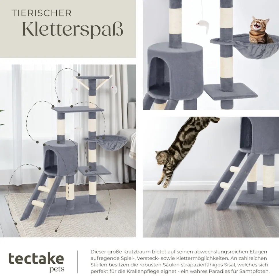 tectake® Kratzbaum, 144 cm, mit Katzenhaus, inklusive Treppe, 3 Spielmäusen und Kippschutz